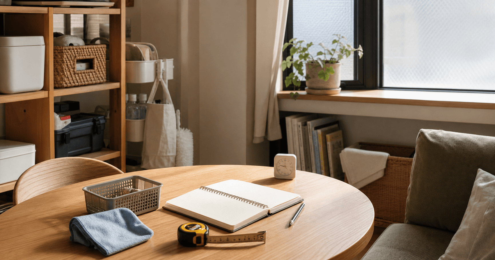 A tidy table with a notebook, tape measure, cloth, baskets, and a window in a small home.